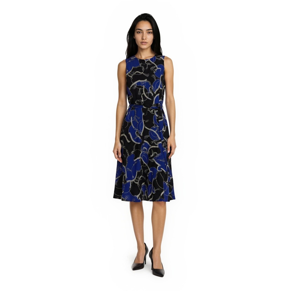 Lauren Ralph Lauren Dress Women's Size 10 Blue Black Chain Equestrian Faux Wrap